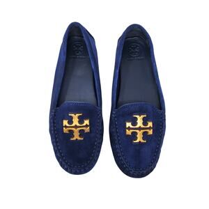 Tory Burch Everly Driver Loafers Nat Suede Royal Navy Rolled Brass 83642 Size 6